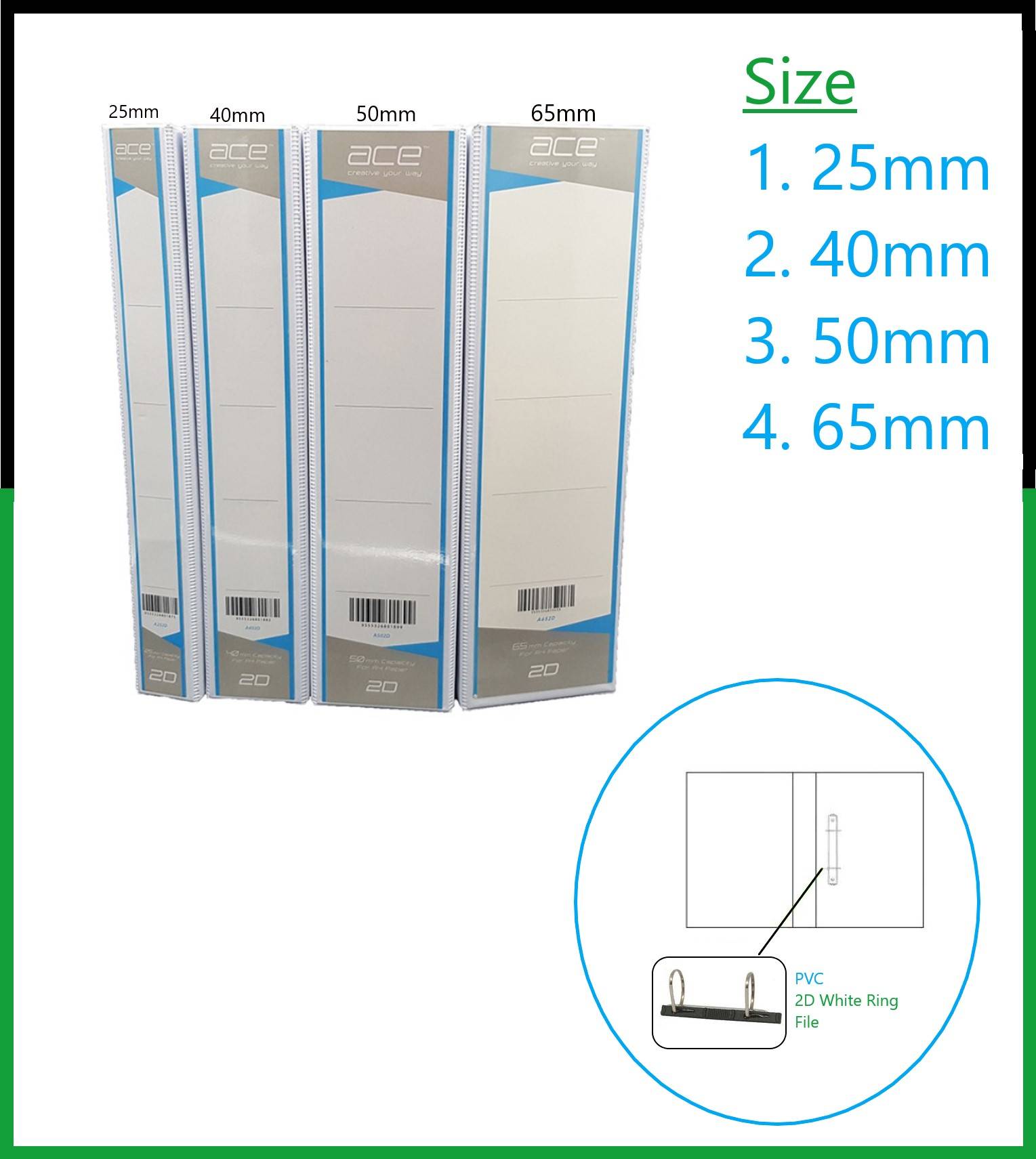 ACE A4 2D White Ring File (25, 40, 50, 65mm)